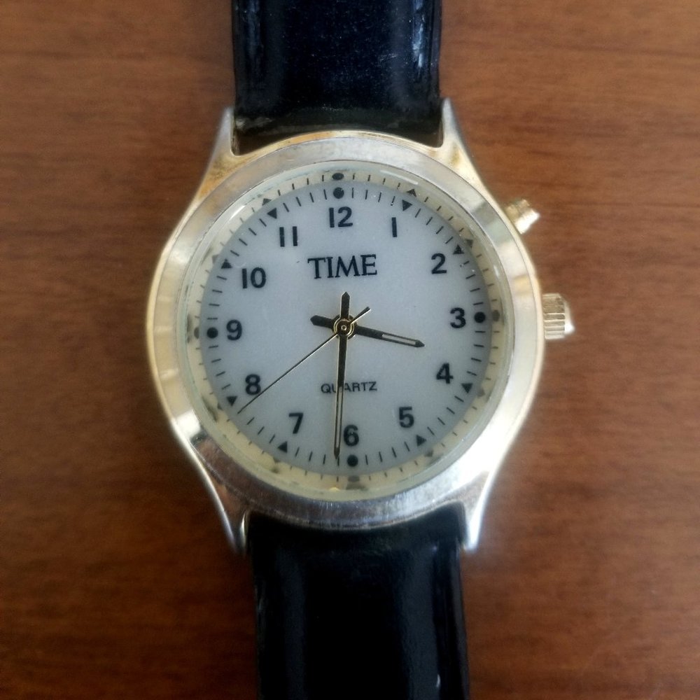 Vintage "Time" Watch with Gold-Tone Casing and Slim Black Band